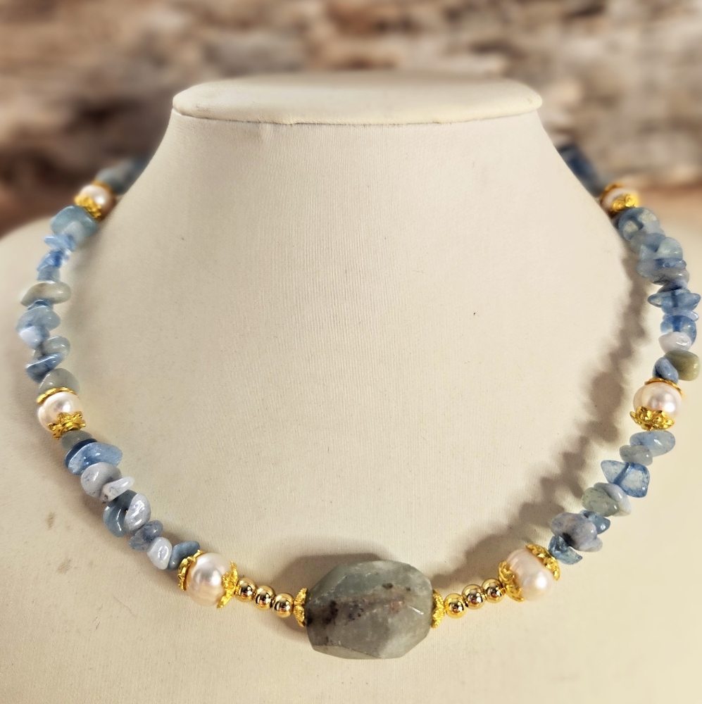 Aquamarine Chip Beads And Pearls With Aquamarine Pendant Necklace Or Choker